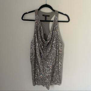 BCBGMAXAZRIA Women’s Draped Neck Sequins Shiny T Back Silk Blouse